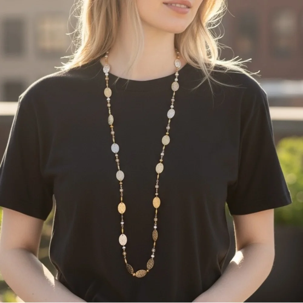 Estate Necklace |Hammered Gold Disc Beaded Chain Mixed Glass & Metal Boho Style